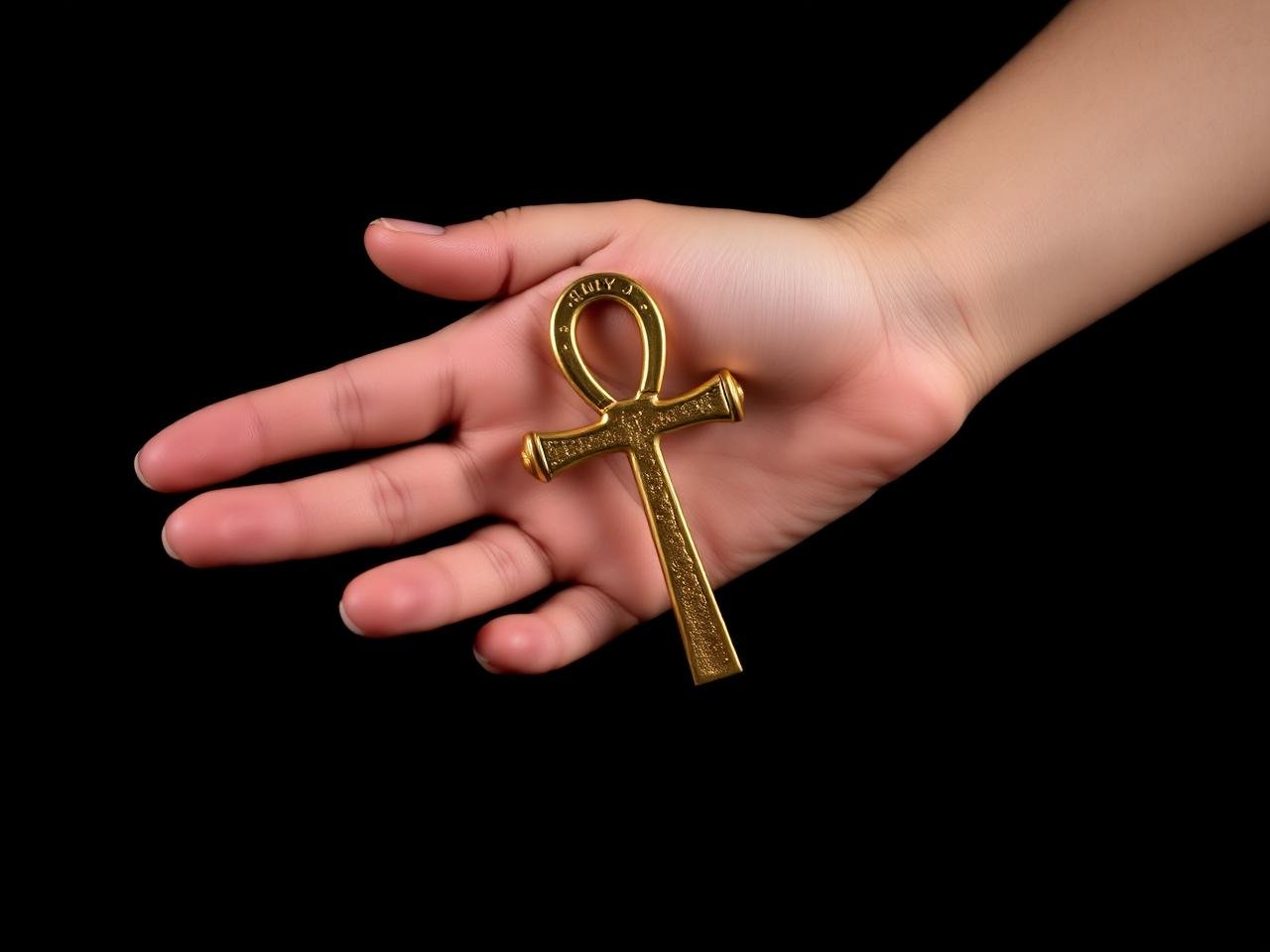 Mano sosteniendo una cruz de Ankh dorada sobre fondo oscuro