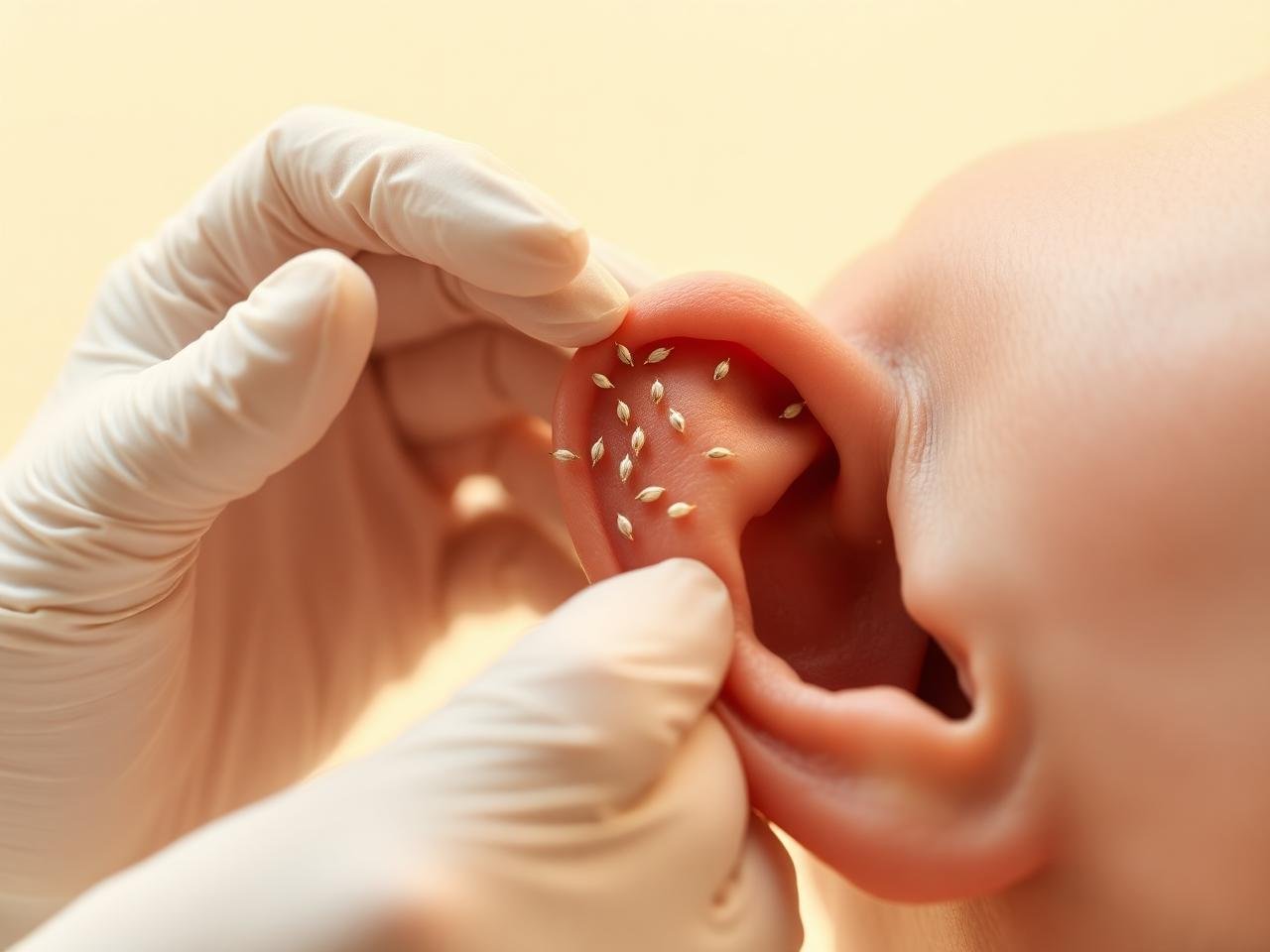 Aplicación de semillas de auriculoterapia en la oreja de una persona