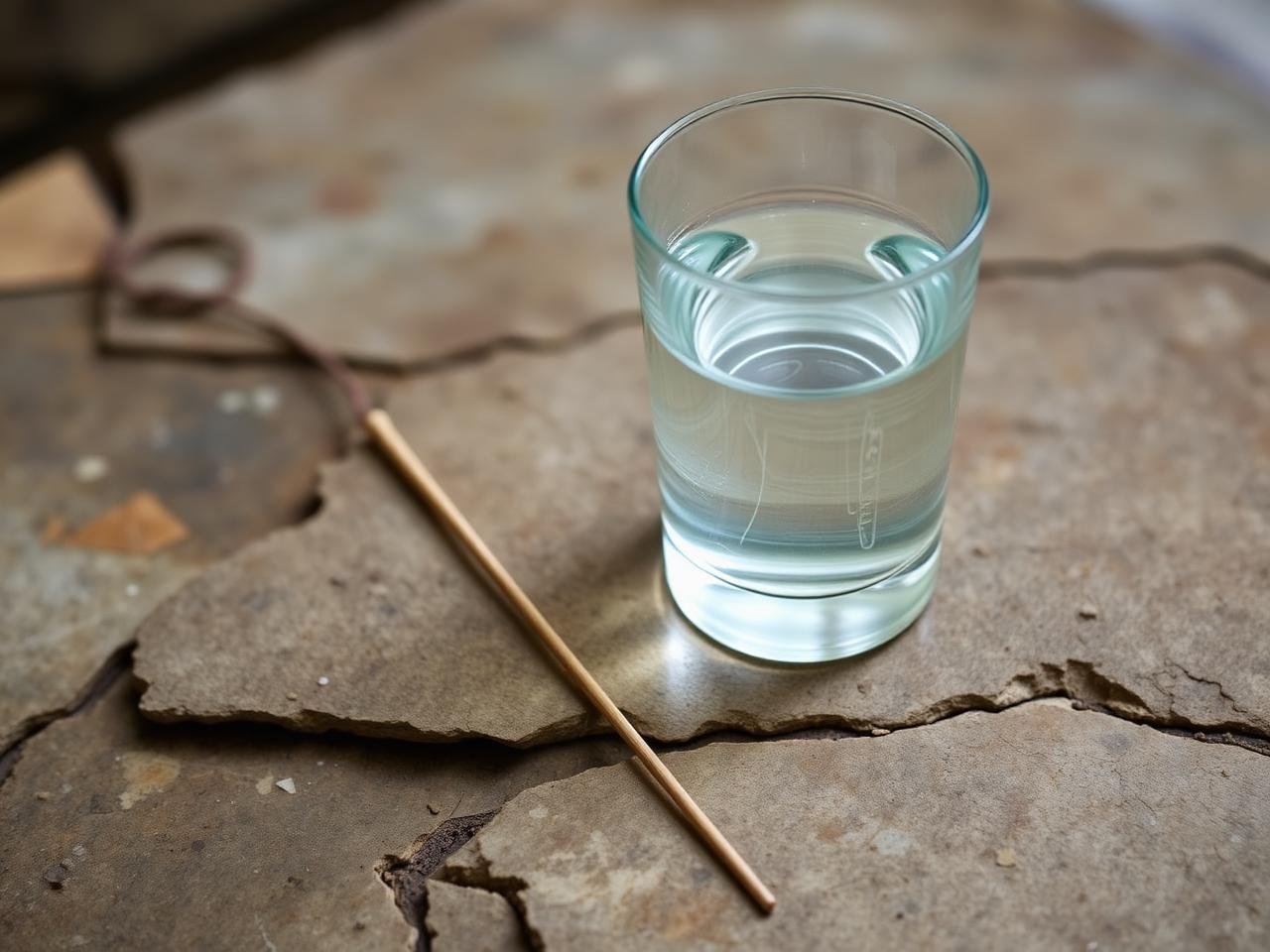 Vaso de agua junto a una varilla de radiestesia sobre una superficie natural