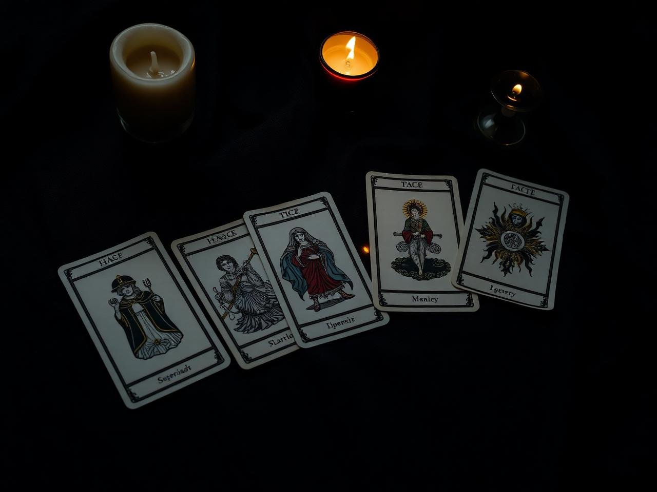 Cartas de tarot dispuestas sobre tela oscura a la luz de una vela